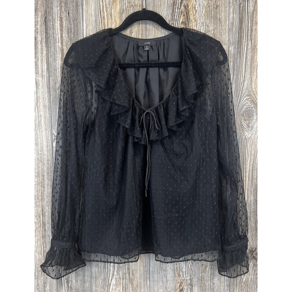 J. Crew V-Neck Ruffle Top Black Clip Dot Soft Goth Boho Romantic Edwardian SMALL